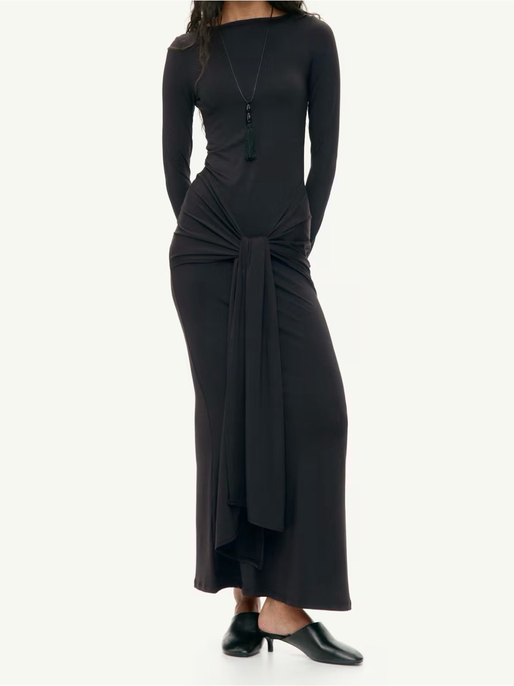 NEW H&M Black Long-Sleeve Knot-Detail Maxi Dress - Picture 2 of 4